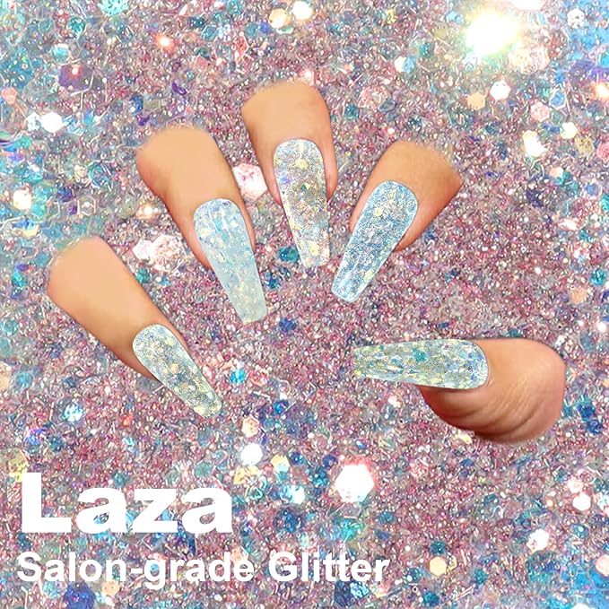 Laza 8 Colors Nail Art Glitter Diamond Dust Iridescent Nail Powder Chunky Glitter Confetti Foil Flakes Sequins for Nail Art Supplies, Gel Polish, Mermaid Makeup, Body, Resin — Glittering Iridescence