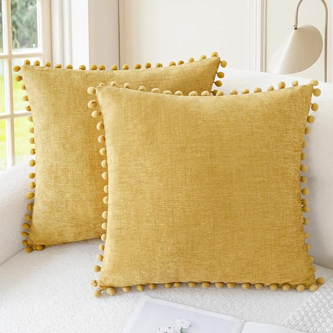 CaliTime Decorative Couch Throw Pillow Covers 20 X 20 Inches Gold | Pack of 2, Cozy Chenille Cushion Cases, with Pom Poms for Sofa Bed Living Room Farmhouse Home