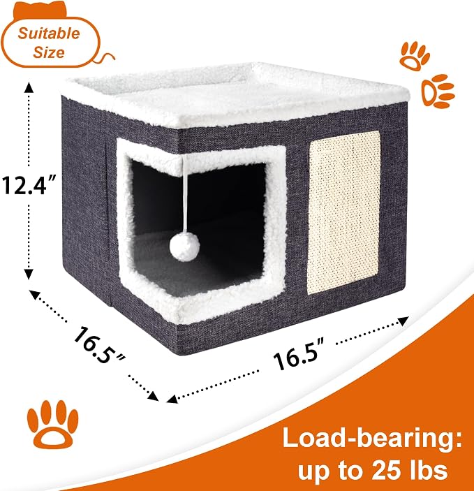 Loyareal Cat Houses for Indoor Cats - Large Cat Bed Cave with Scratch Pad and Fluffy Ball, Foldable Cat Condo Hideaway with Reversible Cushion for Multi Small Pet, Dark Grey