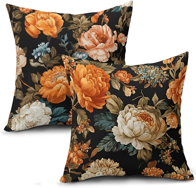 Black Boho Floral Pillow Covers 20X20 Inch Set of 2 Vintage Orange Beige Botanical Flowers Decorative Pillow Cases Mid Century Modern Bohemian Cushion Case Farmhouse Home Decor for Sofa Couch