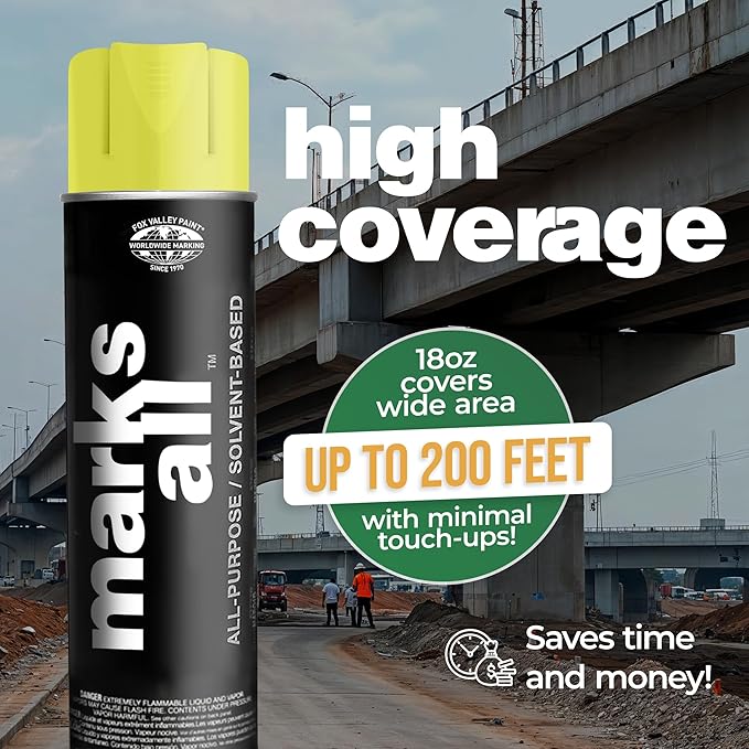 Fox Valley 18oz Marks All Solvent-Based Marking Paint Spray, 12-Pack Yellow Fluorescent – Long-Lasting, Weather-Resistant Spray Paint for Wet or Dry Surfaces Like Metal, Grass, Concrete, Wood, & More