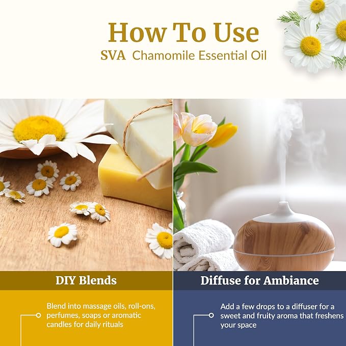 SVA Chamomile Essential Oil 1 Fl Oz – for Diffuser, Skin & Hair Care – Ideal for Massage & DIY Blends