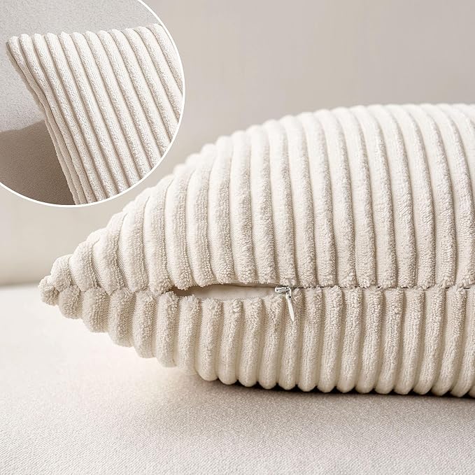MIULEE Decorative Corduroy Throw Pillow Covers Set of 2 22x22 Cream White | Soft Striped Textured Cushion Cases, Boho Square Pillowcases Neutral Home Decor, for Couch Chair Sofa Bed Living Room