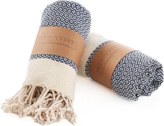BAY LAUREL Turkish Hand Towel – Pack of 2 | Soft & Absorbent Decorative Towels for Bathroom, Hand, Face, Hair, Gym, Yoga, SPA, Kitchen & Tea | Boho Decor (Navy, Diamond 15x26 Inches (Set of 2)