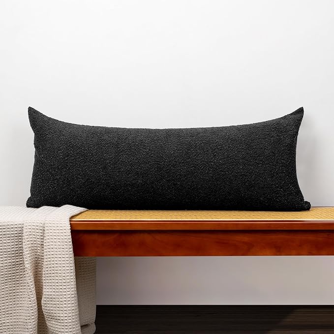 JoraLion 14x36 inch Boucle Lumbar Pillow Cover, Black Woven Texture Neutral Long Pillow Cover Breathable Cushion Case for Couch Sofa Bed Living Room Home Decor (Cover Only)