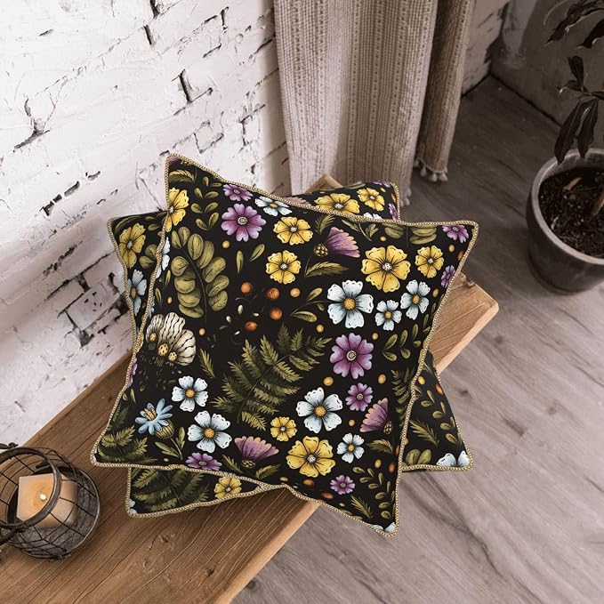 Blue Yellow Purple Floral Soft Velvet Throw Pillow Covers Set of 2 Plant Botanical Flowers Decorative Pillow Covers 18x18 In Vintage Black Pillow Case For Sofa Couch Living Room Farmhouse Home Decor