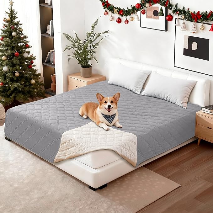 Waterproof Dog Blanket, Non-Slip Soft Pet Bed Cover, Couch Cover for Dogs Washable, Protects Sofa, Furniture, Crate, Car, Tear Resistant Leakproof Pet Blanket (52x82 Inch, Light Grey)