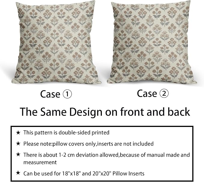 Brown Grey Gray Floral Block Print Pillow Covers 20x20 Inch Set of 2, Vintage Flower Pattern Decorative Throw Pillowcases Outdoor Farmhouse Cushion Covers Spring Summer Rustic Sofa Couch Bed Decor