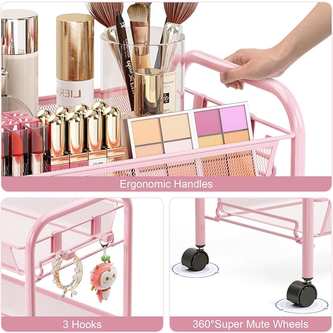 TOOLF 3 Tier Rolling Cart, Metal Utility Storage Cart with Wheels, Pink | 3 Hooks, Screwless Assembly, Trolley Organizer for Bathroom, Kitchen, Office, Nursery, Dorm, Laundry Room