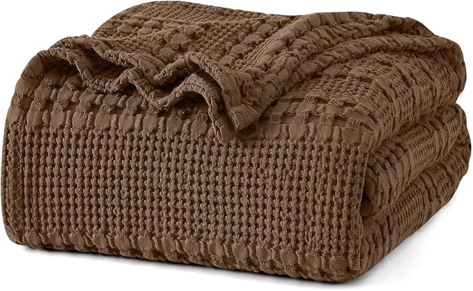 PHF 100% Cotton Waffle Weave Blanket Queen Size, Lightweight Breathable Summer Blanket for Hot Sleepers, Pre-Washed Soft Layer for Bed, Couch, Aesthetic Home Decor & Gift, 90"x90", Chocolate