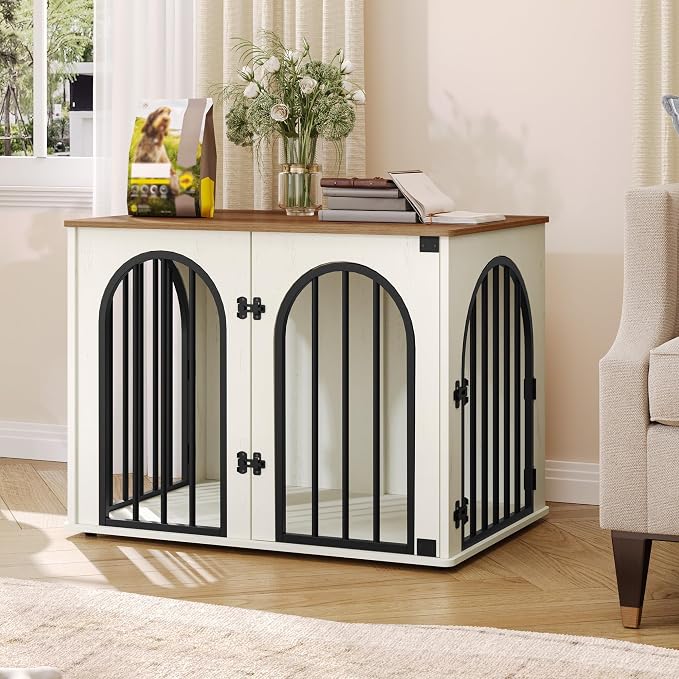 Hzuaneri 26.8'' Dog Crate Furniture,Dog Kennel Indoor for Small Dogs | Dog Kennel Furniture Wooden Dog Cage Heavy Duty Dog Crate Decorative Pet House End Side Table TV Stand,White Brown DFC85514B