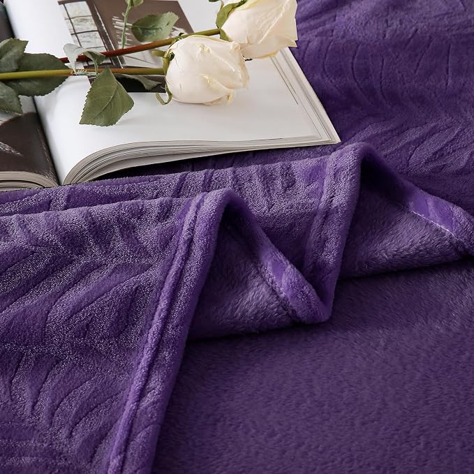 Super Soft Flannel Fleece Throw Blanket, 50 x 60 Inches, Aubergine | Lightweight Cozy Warm Leaves Textured Plush Blanket for Bed Couch Sofa