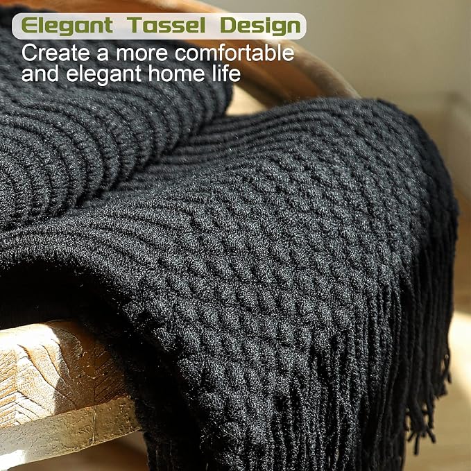 Blagic Soft Knitted Throw Blanket for Couch and Bed,Black,60"x80" | Lightweight and Cozy,Farmhouse Boho Blanket with Tassel,Decorative for Living Room,Gifts for Adults,All Season Use