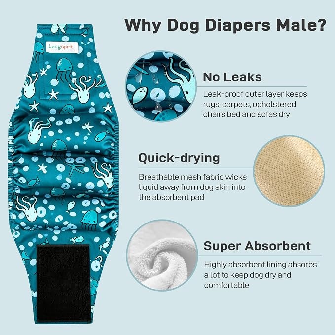 Langsprit Small Male Dog Diapers for Doggie Puppy,Reusable Belly Bands for Male Dogs Wraps,Washable Doggy Dog Diapers Medium Large in Incontinence 5 Pack (Brown, Green, Grey, Small