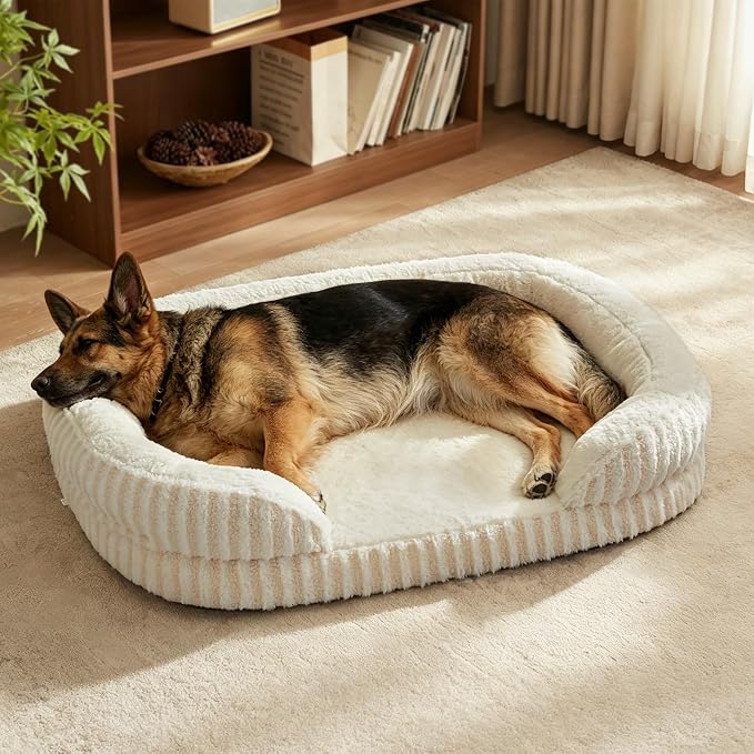 MIXJOY Orthopedic Dog Beds Large Sized Dog,Extra Large Washable Dog Bed Waterproof Oval Dogs Bed with Removable Cover,Egg-Crate Foam Big Pet Bed Couch with Bolster,Non-Slip Bottom,XXL 48"X35",White