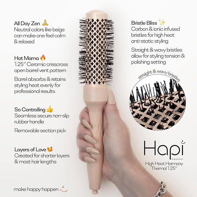 Cricket Hapi High Heat Harmony Thermal Brush - 1.25" Ceramic Barrel, Round Brush for Heat Styling with Hair Dryer, Mood-Friendly - Beige
