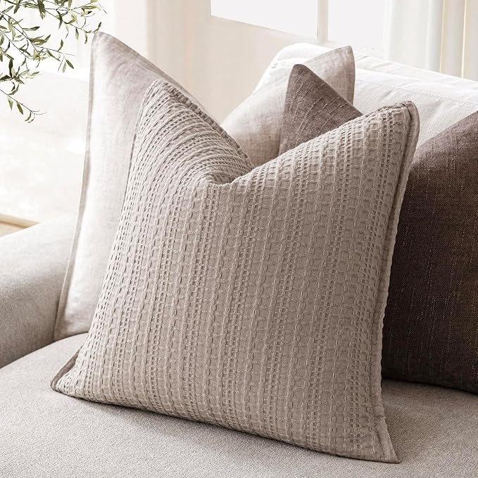 Foindtower Set of 2 Decorative Cotton Waffle Weave Throw Pillow Covers Euro Shams Cushion Covers Accent European Pillowcase for Bed Couch Sofa Bedroom Living Room Home Decor 26×26 Inch Tan Beige