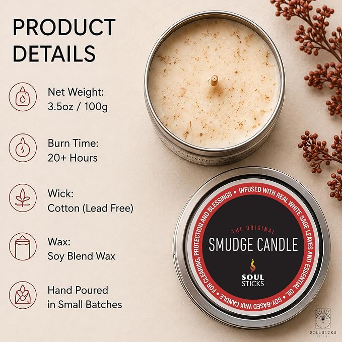 SOUL STICKS Smudge Candle for Cleansing House, Meditation, Chakra Healing, Aromatherapy | 3.5 Ounce Smudge Candle for Spiritual Cleansing (White Sage & Dragon's Blood)