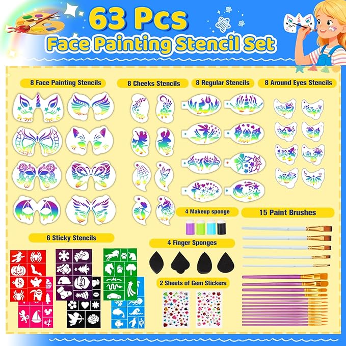 63Pcs Face Painting Brushes and Stencils Kit with 32 Reusable Facial Painting Stencils 9 Sheets Stickers 15 Brushes 2 Adhesive Gems 4 Fingertip Sponges, 4 Makeup Sponges For Festival Party Makeup