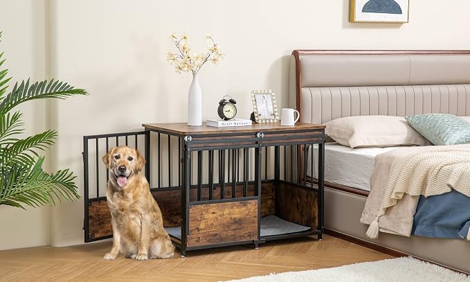 KOOPRO 40" Dog Crate Furniture w/Cushion, Heavy Duty for Large Medium Dogs | Wooden Dog Kennel with Double Doors, Decorative Pet House Dog Cage Side End Table Indoor, Sliding Door Chew-Resistant