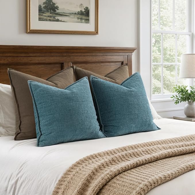 MIULEE Decorative Couch Throw Pillow Covers 20x20 Inch Smoke Blue 2 Pack | Farmhouse Pillow Covers with Stitched Edge, Soft Chenille Cushion Cases, for Sofa Bed Living Room Home Decor