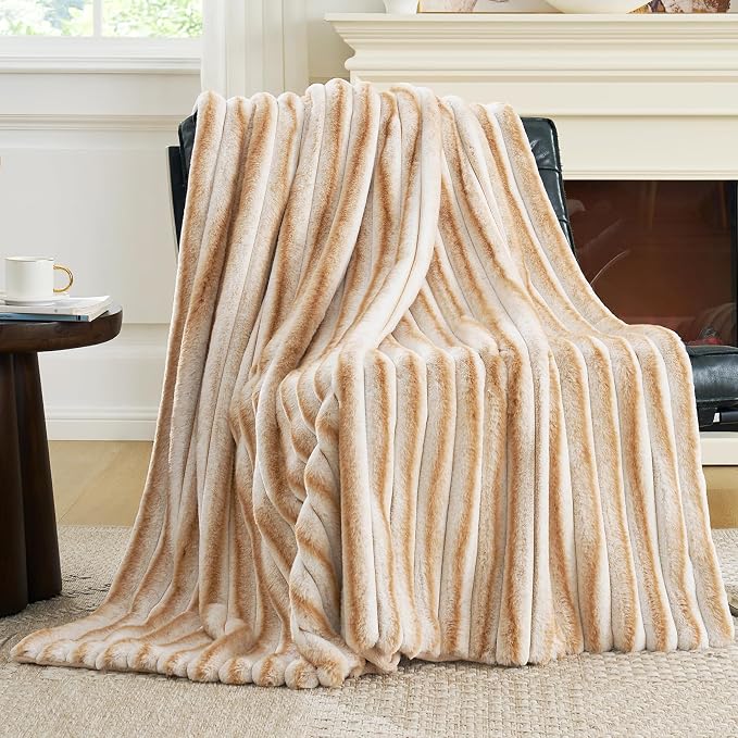 Cozy Bliss Faux Fur Throw Blanket for Couch, Cozy Warm Plush Striped Blanket for Sofa Bedroom Living Room,50 * 60 Inches Khaki