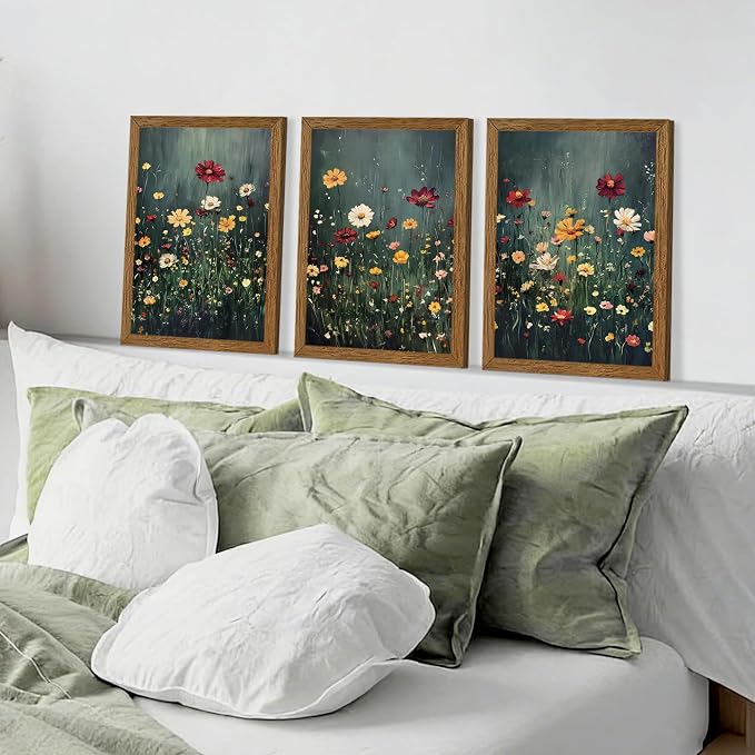 Urmoya 3 Pieces Moody Wildflower Dark Academia Floral Wall Art, 12x16 in | Vintage nature floral landscape wall decor, Wood framed, Ready to hang, Canvas art prints, over sofa, Bedroom, Office
