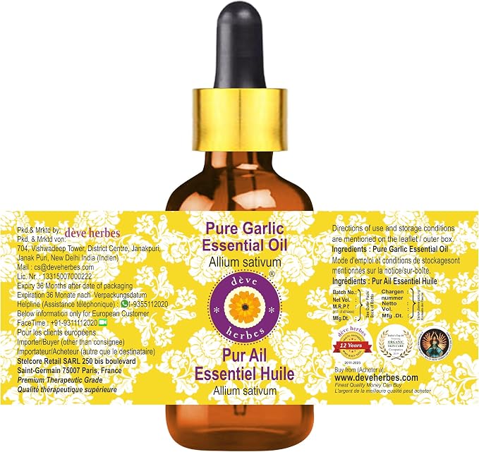 Deve Herbes Pure Garlic Essential Oil (Allium sativum) with Glass Dropper Steam Distilled 100ml (3.38 oz)