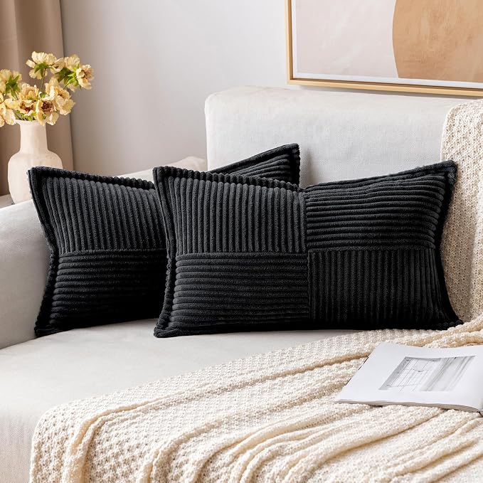 MIULEE Decorative Lumbar Throw Pillow Covers 12x20 Inch Black 2 Pack | Boho Broadside Striped Patchwork Pillow Covers, Soft Corduroy Cushion Cases, For Couch Sofa Bed Livingroom Home Decor