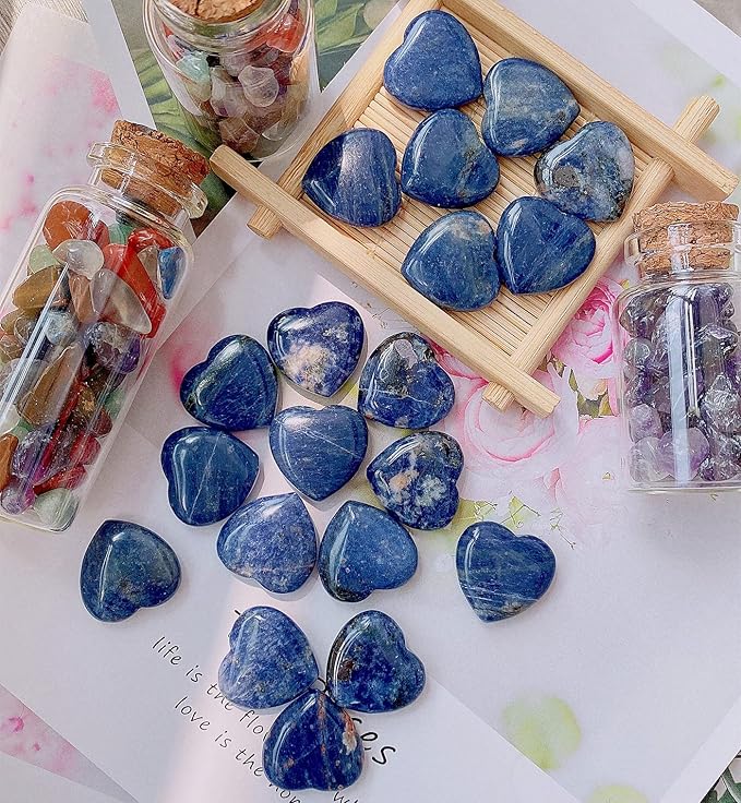 QINJIEJIE 20 PCS Sodalite Heart Crystals Natural Healing Crystal Polished Pocket Stones Mini Cute Palm Love Gemstones Set Bulk Wholesale Reiki Energy Balancing Meditation Valentine's Day Gift