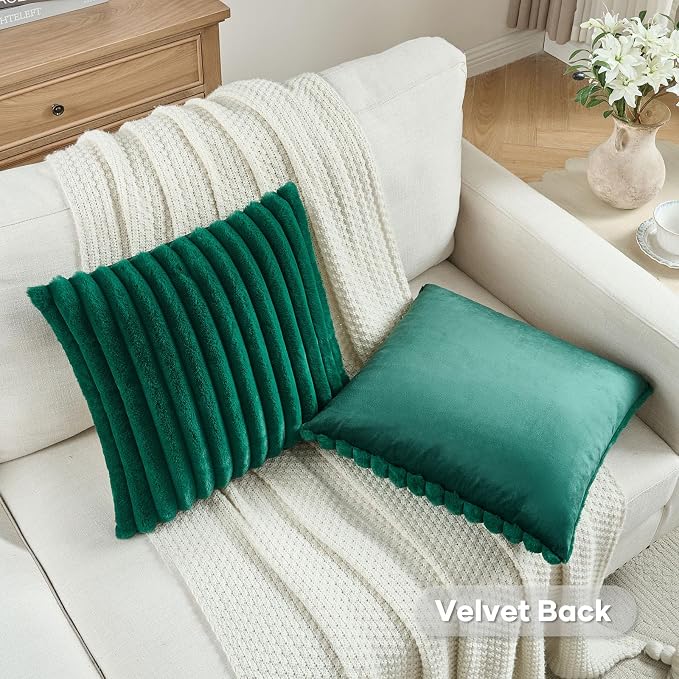 FUTEI Pack of 2 Faux Fur Throw Pillow Covers 20x20 Inch, Emerald Green | Fluffy Faux Rabbit Fur Front/Premium Velvet Back,Hidden Zipper,Machine Washable,Non-Shedding,Colorfast,Insert Not Included.
