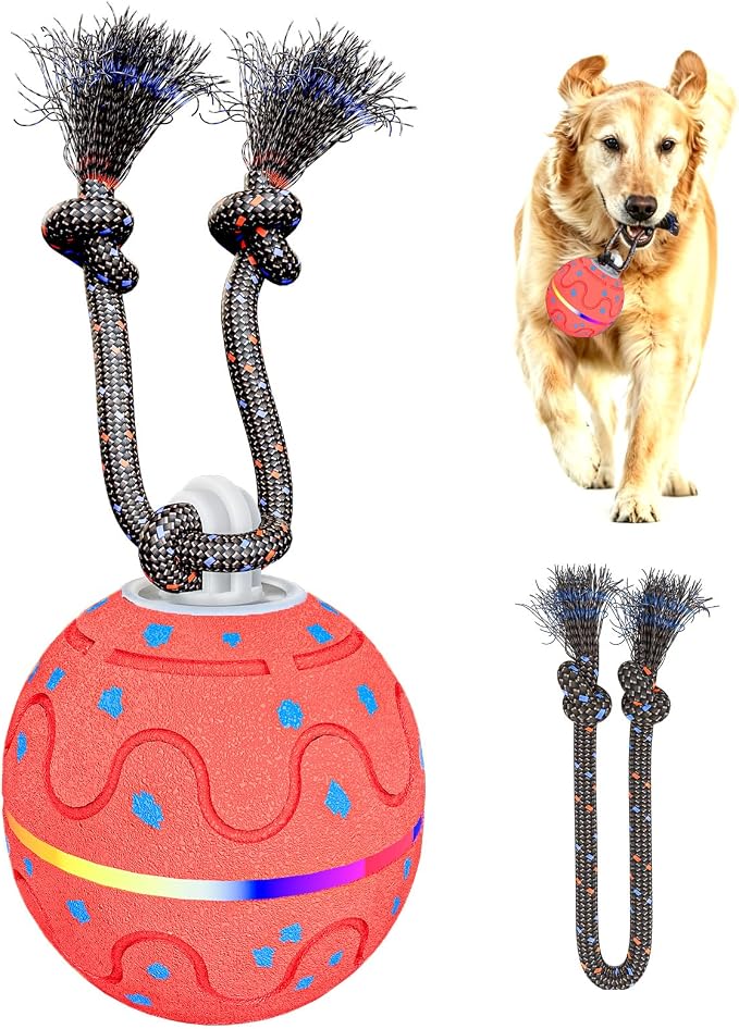 Interactive Dog Ball Toy with 2 Rope, Automatic Rolling & Bouncing Smart Dog Toy with Bird Chirping Sound and LED Light, Soft ETPU Chew-Safe Material, USB Rechargeable, for Medium & Large Dogs