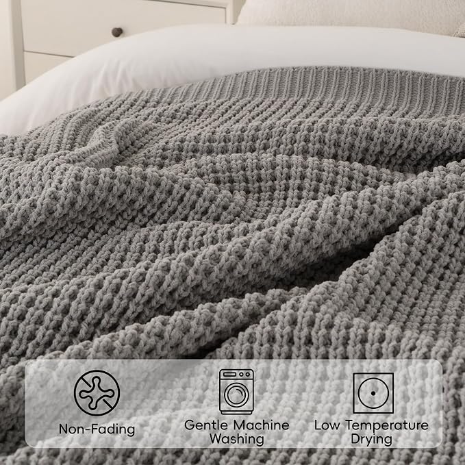 Grey Throw Blanket for Couch, Soft Knitted Chenille Throw Blanket 50"x60" | Chunky Waffle Knit Throw Blanket, Light Gray Throw Blanket for Bed Sofa Living Room, Modern Farmhouse Knitted Style