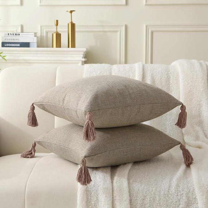 Decorative Throw Pillow with Tassels, 18x18 Farmhouse Pillows with Inserts, Square Boho Pillow for Couch, Patio, Bed, Sofa Decor (Light Linen, 18" x 18"(Pack of 2))