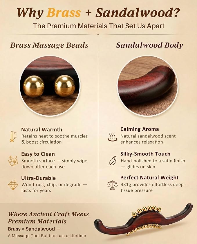 ONUEMP Sandalwood Gua Sha Muscle Scraper Tool with 17 Brass Beads, Wood Therapy Massage Tools Maderoterapia Kit for Lymphatic Drainage Body Sculpting, Deep Tissue Cellulite Massager Fascial Release