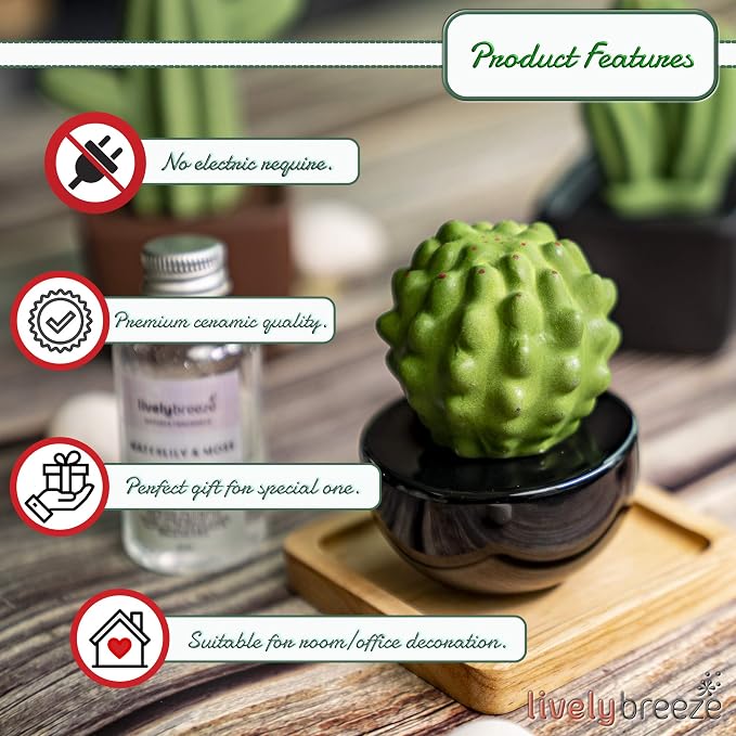 Frank Cactus, Non-Electric Ceramic Diffusers for Essential Oils and Aromatherapy Fragrance, White Ceramic Diffusers in Car or Desk Office Decor and Small Bathroom at Home, Black vase