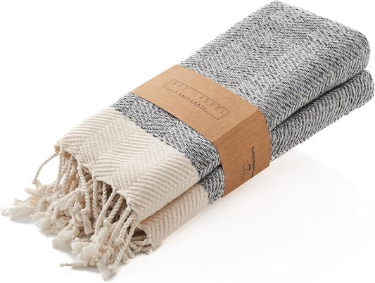 BAY LAUREL Turkish Hand Towel – Pack of 2 | Soft & Absorbent Decorative Towels for Bathroom, Hand, Face, Hair, Gym, Yoga, SPA, Kitchen & Tea | Boho Decor (Gray, Herringbone 16x40 Inches (Set of 2)