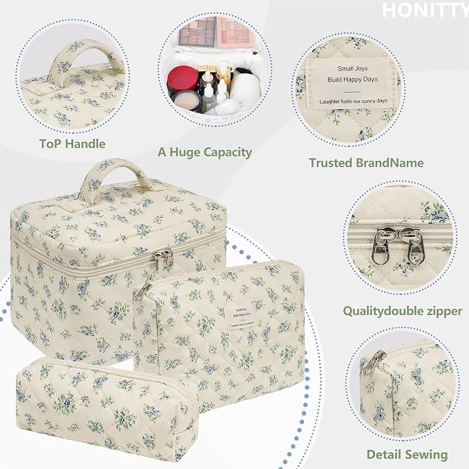 honitty Makeup Bag,Quilted Cosmetic Bags,Large Floral Make Up Organize bag,Makeup Bag Set for Women,Flower Travel Toiletry Bag