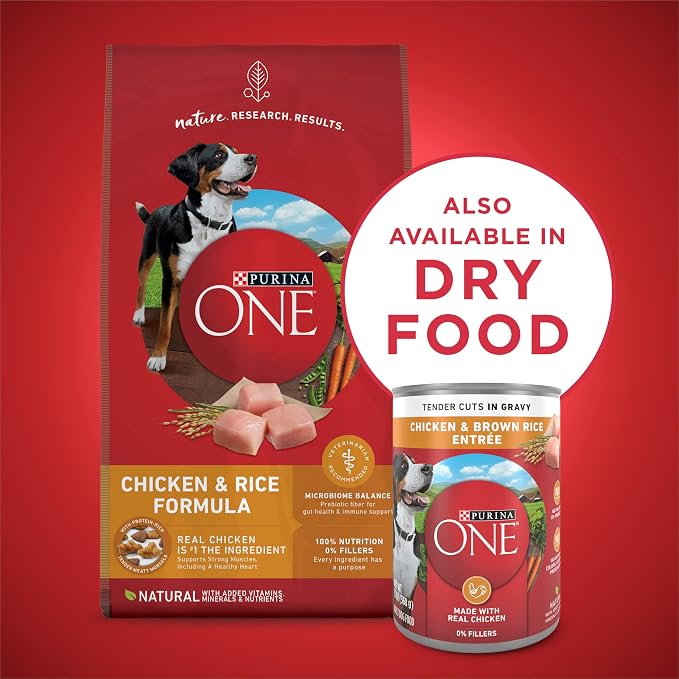 Purina ONE Chicken & Brown Rice Wet Dog Food, Tender Cuts, (12) 13 oz Cans | Tender Cuts in Gravy, natural, high protein dog food with zero fillers and added vitamins, minerals, and nutrients