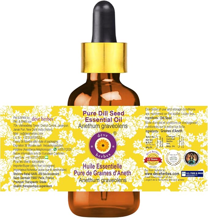 Deve Herbes Pure Dill Seed Essential Oil (Anethum graveolens) with Glass Dropper Steam Distilled 50ml (1.69 oz)