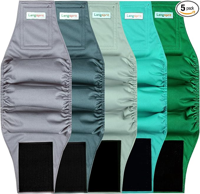 Langsprit Small Male Dog Diapers for Doggie Puppy,Reusable Belly Bands for Male Dogs Wraps,Washable Doggy Dog Diapers Medium Large in Incontinence 5 Pack (Green Grey, Small)