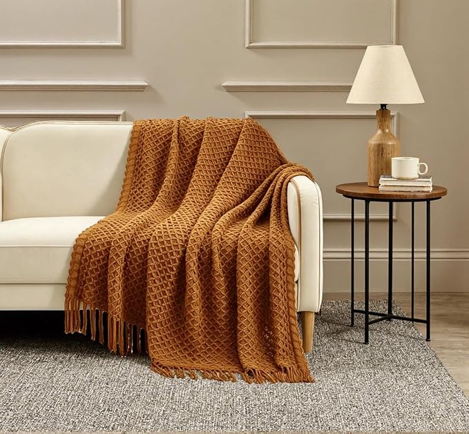 CREVENT Farmhouse Boho Knitted Throw Blanket for Couch Sofa Chair Bed Home Decoration, Soft Warm Cozy Light Weight for Spring Summer Fall (60''X80'' Caramel/Rust Burnt Orange)