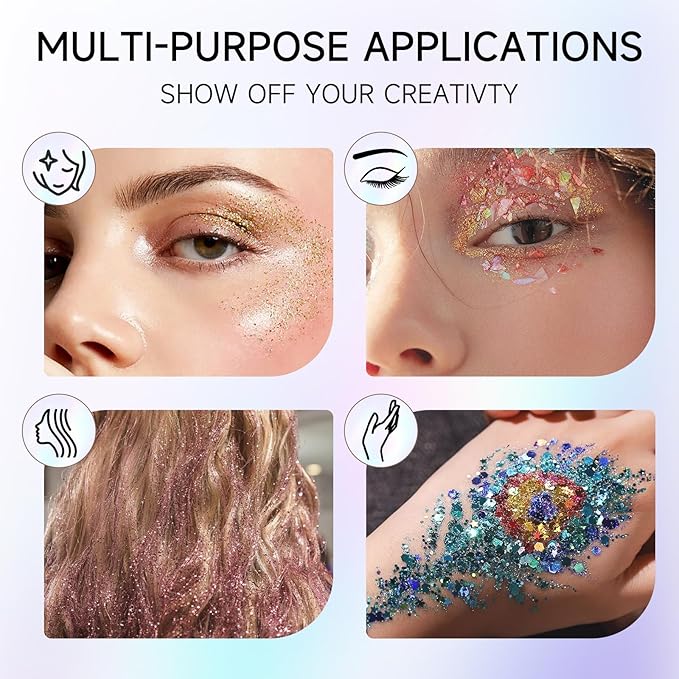 Face and Body Glitter 8 Color Body Glitter Gel Costume Accessories Chunky Glitters Eyeshadow for Christmas Party, Festivals, Event, Rave Sparkle Makeup
