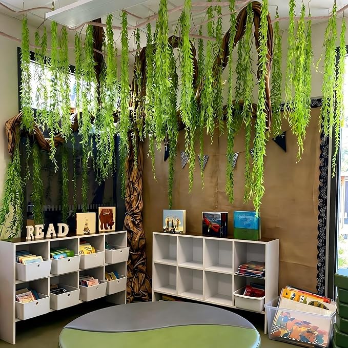 Jungle Theme Decoration Set, 34.5 ft Artificial Hanging Willow Vines Greenery for Classroom, Woodland Forest Rainforest Safari Party, Enchanted Indoor Outdoor Home Garden Wall DIY Decor