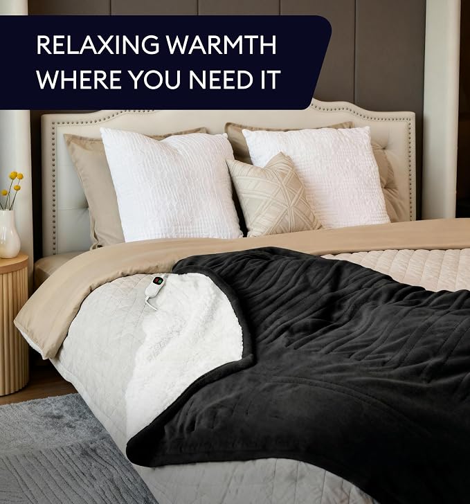 Heated Blanket Electric Throw 50"x60" – Safe Electric Heating Blanket with Auto Shut-Off & Overheat Protection, 10 Heat Settings, Washable Heated Throw for Couch, Bed, Office & Dorm, Charcoal Black