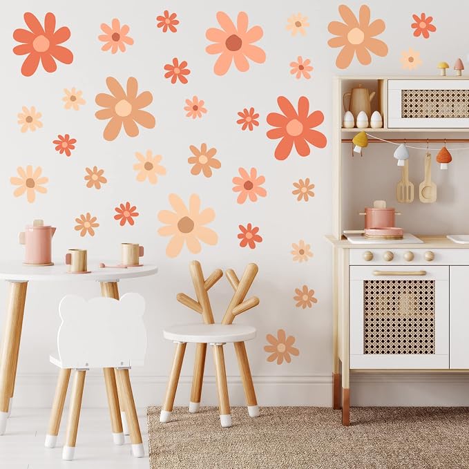 TaoBary 12 Sheet Daisy Wall Sticker Decal,Orange,Colorful Style | Big Flower Wall Sticker, Pink White Floral Decal, Daisy Bedroom Room Decor, Removable Peel and Stick, Nursery Home Wall Decor