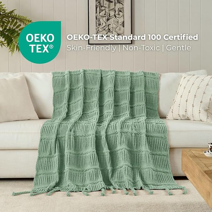 Boho Knitted Chenille Blanket with Tassels - Lightweight & Soft All-Season Throw - 3D Classic Pattern for Living Room Bedroom Couch, Sage Green, Queen 90"x90"