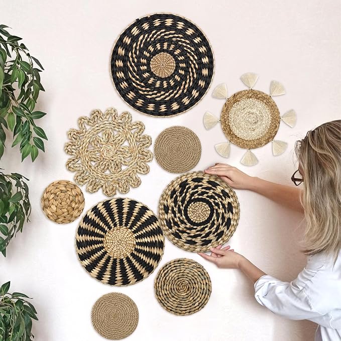 LOMOHOO Set of 9 Boho Wall Basket Decor Wicker Woven Wall Basket Decoration | LOMOHOO Bohemian Handcrafted Round Basket Hanging Decor Bulrush Wall Art Decors for Living Room Rustic Home