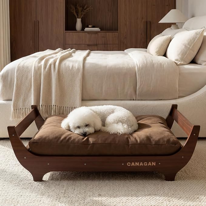 CANAGAN Elevated Wood Dog Bed Frame with Cushion, WalnutPattern, Medium | Raised Dog Couch Bed with Washable Cover and Plush PP-Filled Cushion, Furniture-Style for Indoor Living