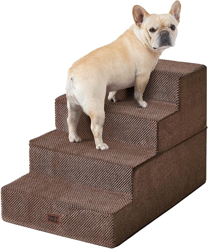 EHEYCIGA Dog Stairs for Bed 20" H, 4-Step Extra Wide Dog Steps, Brown | Pet Steps for Small Dogs and Cats for High Bed, Non-Slip Balanced Pet Ramp Indoor